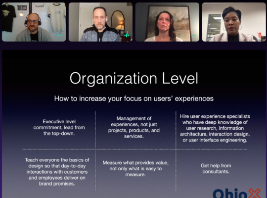 Screen shot from online roundtable showing 4 speakers and a slide to guide us