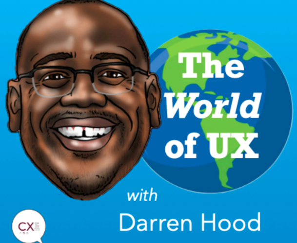 "The World of UX with Darren Hood", drawing of Darren & globe